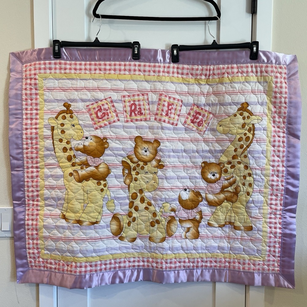 Baby Blanket Quilt Yellow Purple Pink Giraffe Bear Satin VTG Cottage Farm Boho‎